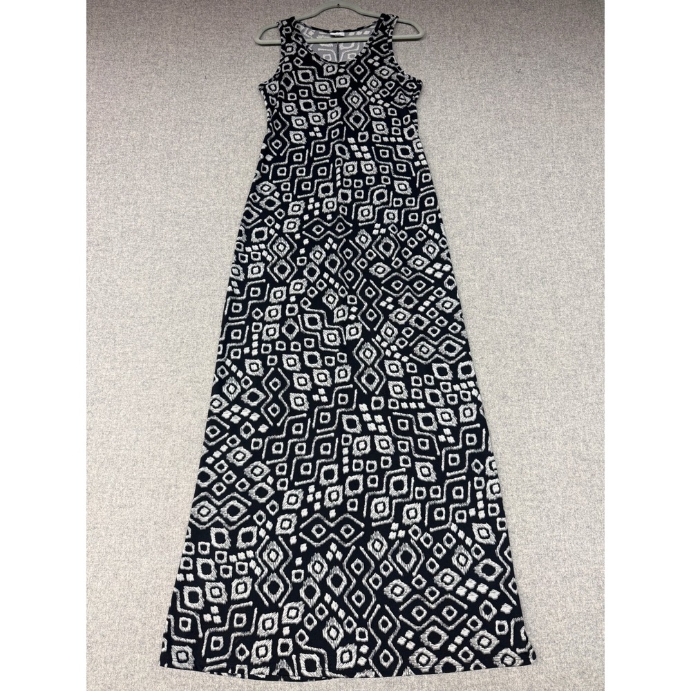 LuLaRoe Maxi Dress Medium M Black White Geometric Ikat Sleeveless Stretch Long